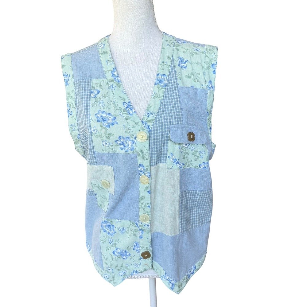 Koret Francisca Vintage Patchwork Floral Gingham‎ Vest Blue Green Womens Medium